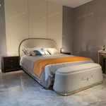 Light Beige Upholstered Bed with Vertical-Striped Headboard, Natural Wood Veneer Trim & Gold Stainless Steel Feet